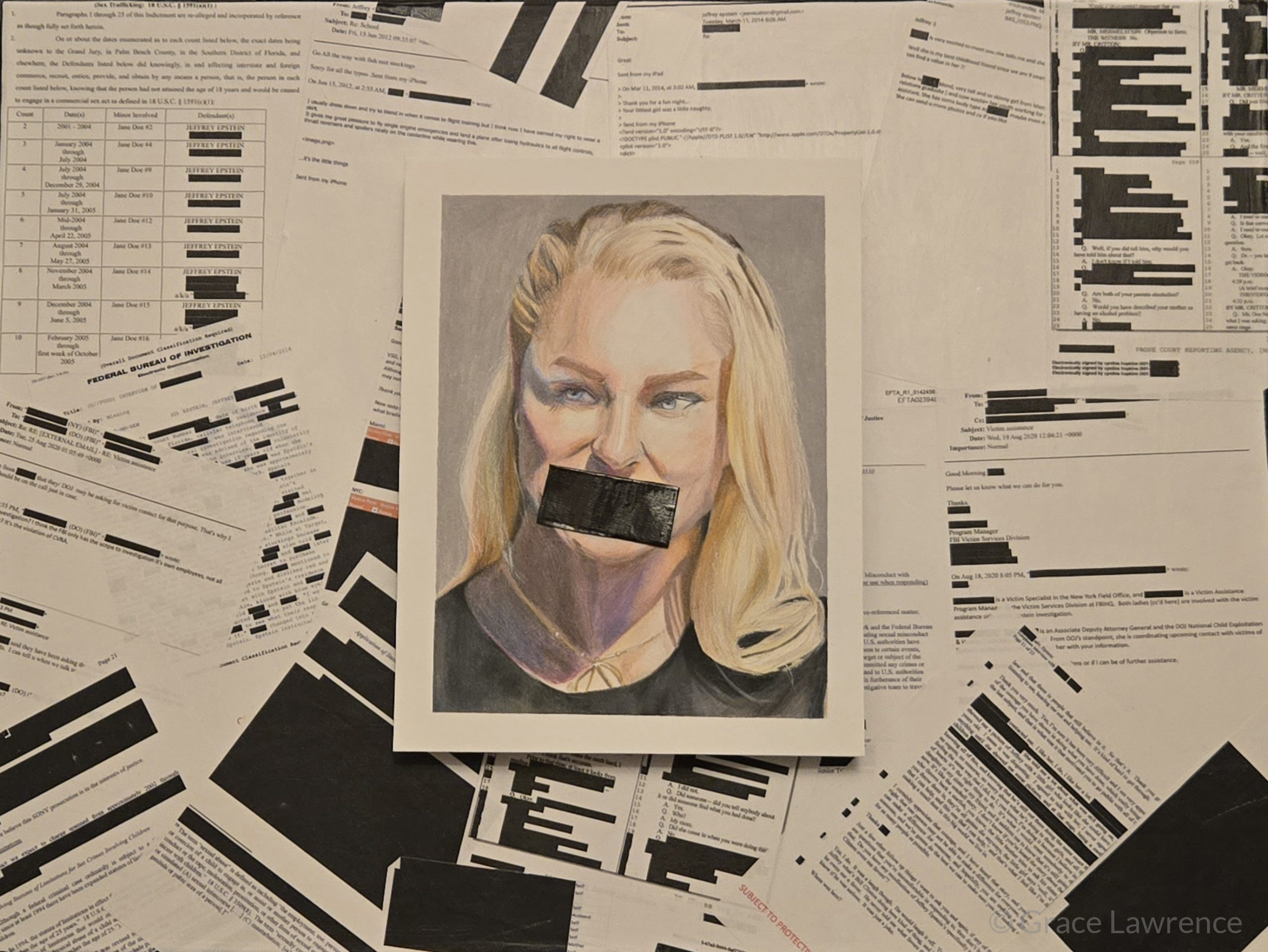 Drawing of Anouska de Georgiou with duct tape over mouth suspended above redacted pages from the Epstein Files